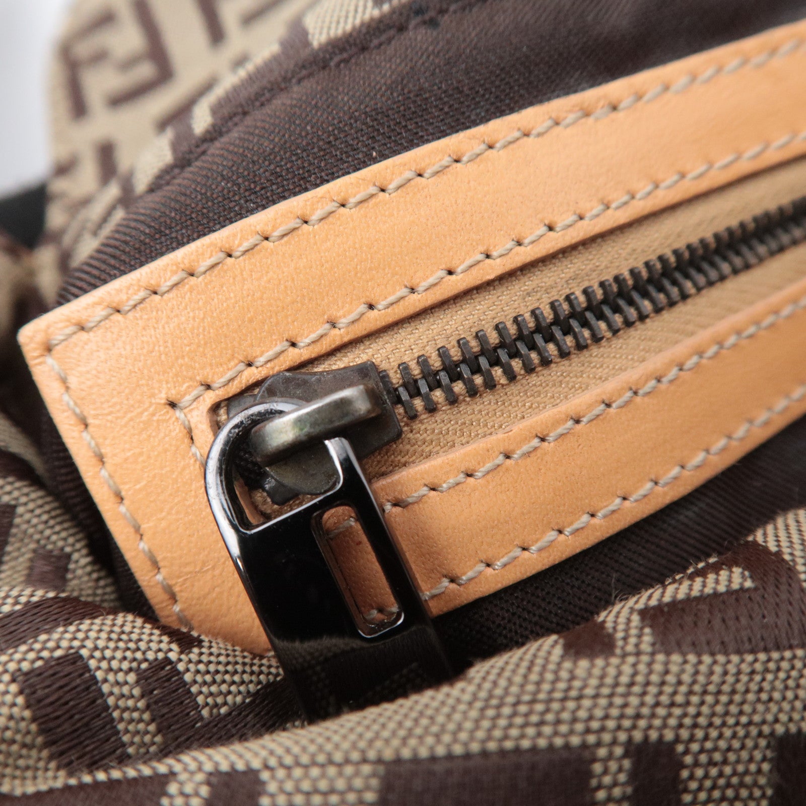 FENDI Zucchino Canvas Leather Handbag Beige