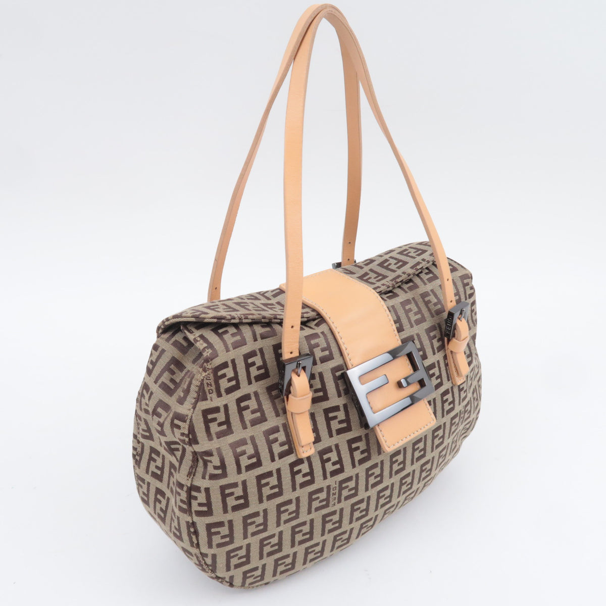 FENDI Zucchino Canvas Leather Handbag Beige
