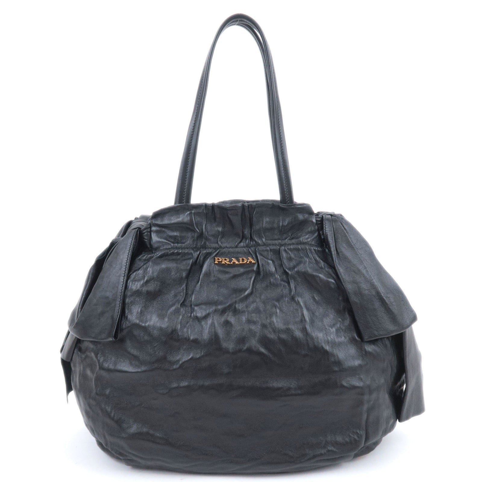 PRADA Side Ribbon Bow Leather Shoulder Bag Black92204