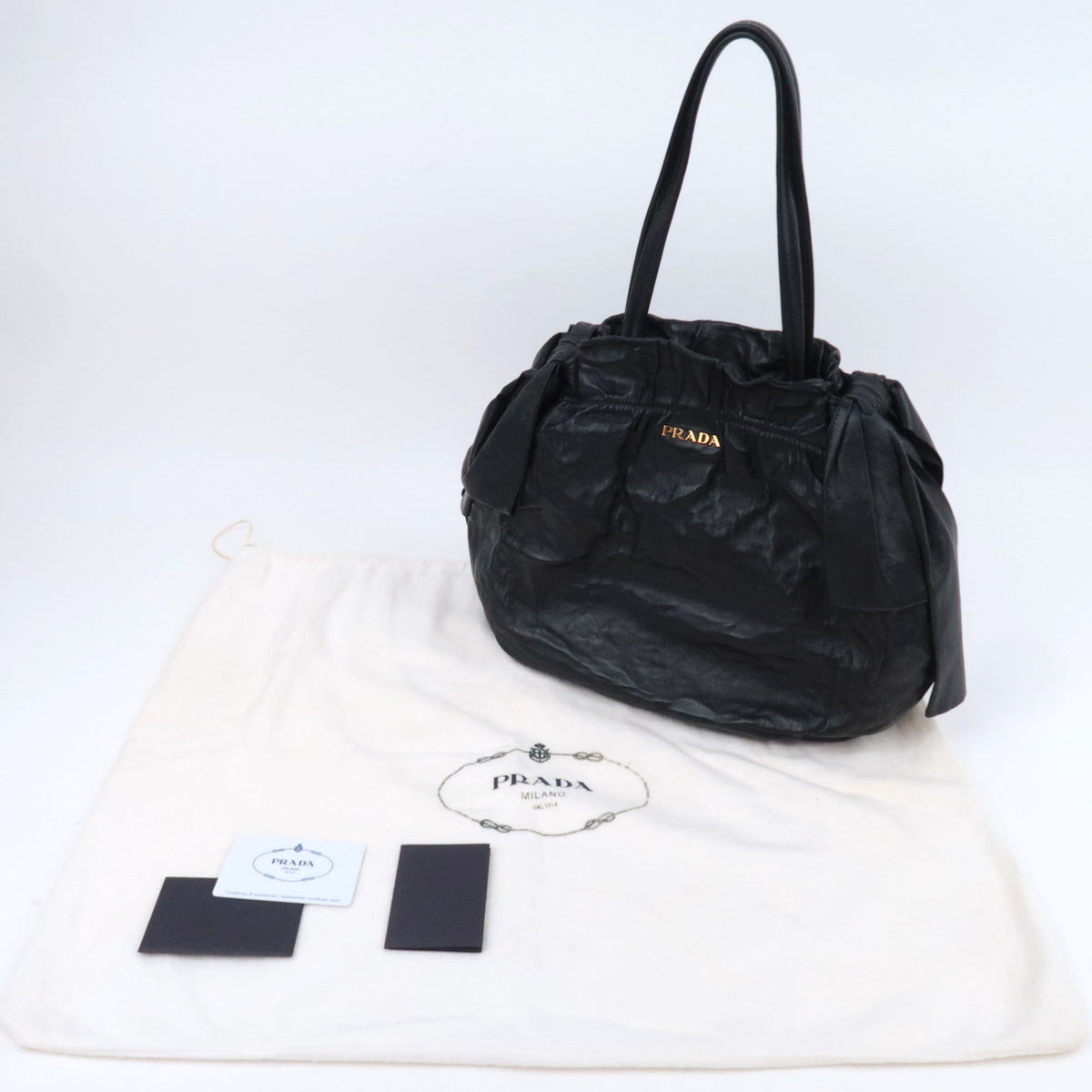 PRADA Side Ribbon Bow Leather Shoulder Bag Black