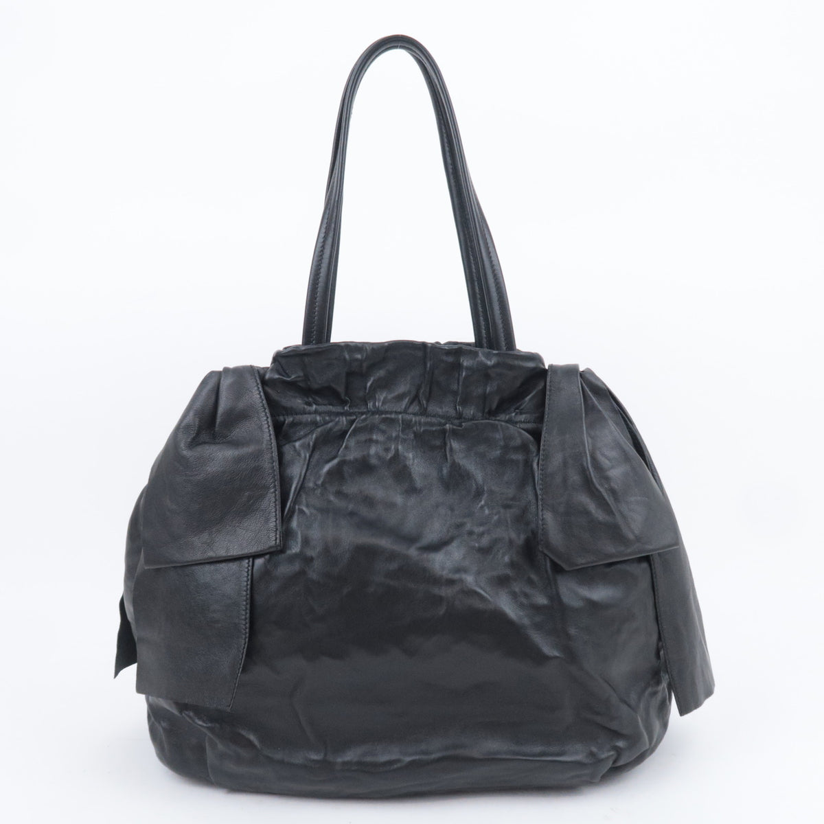 PRADA Side Ribbon Bow Leather Shoulder Bag Black