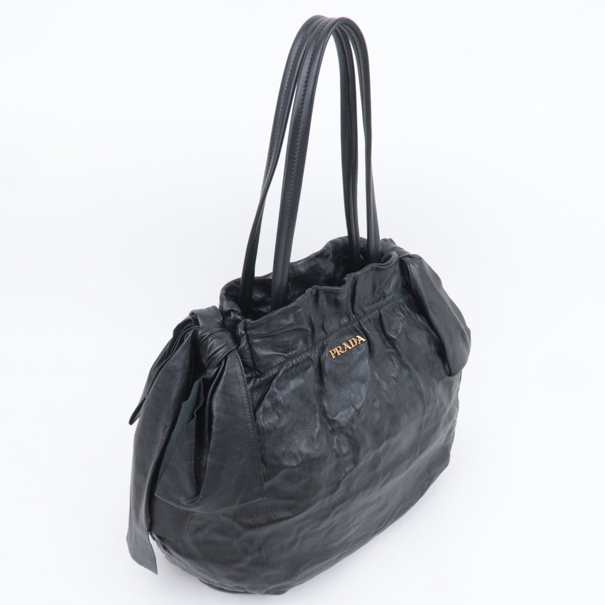 PRADA Side Ribbon Bow Leather Shoulder Bag Black