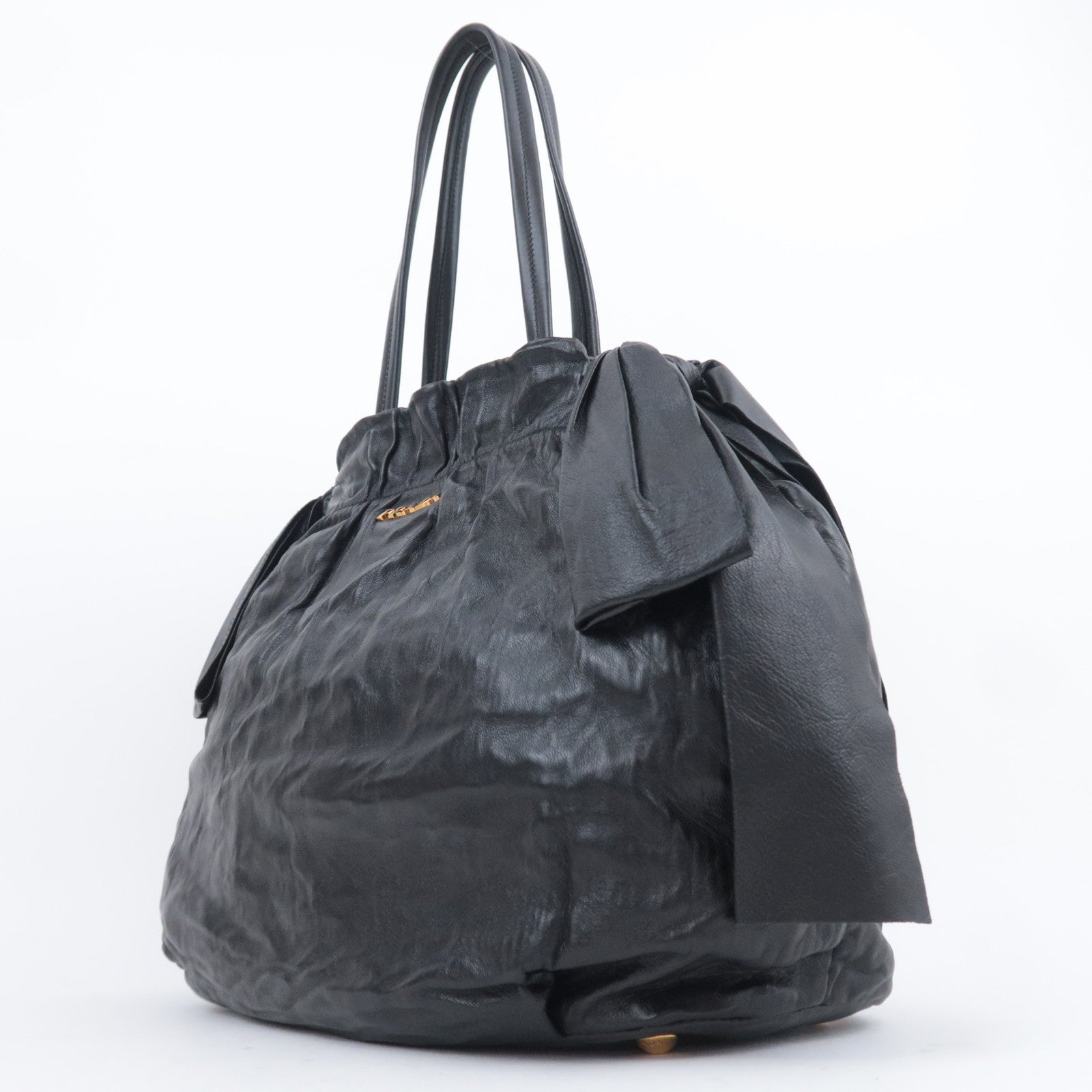 PRADA Side Ribbon Bow Leather Shoulder Bag Black
