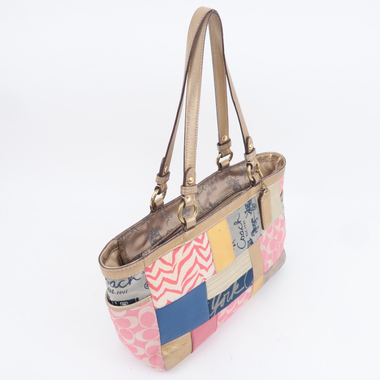 COACH Patchwork Canvas Tote Bag Gold Multicolor F17098