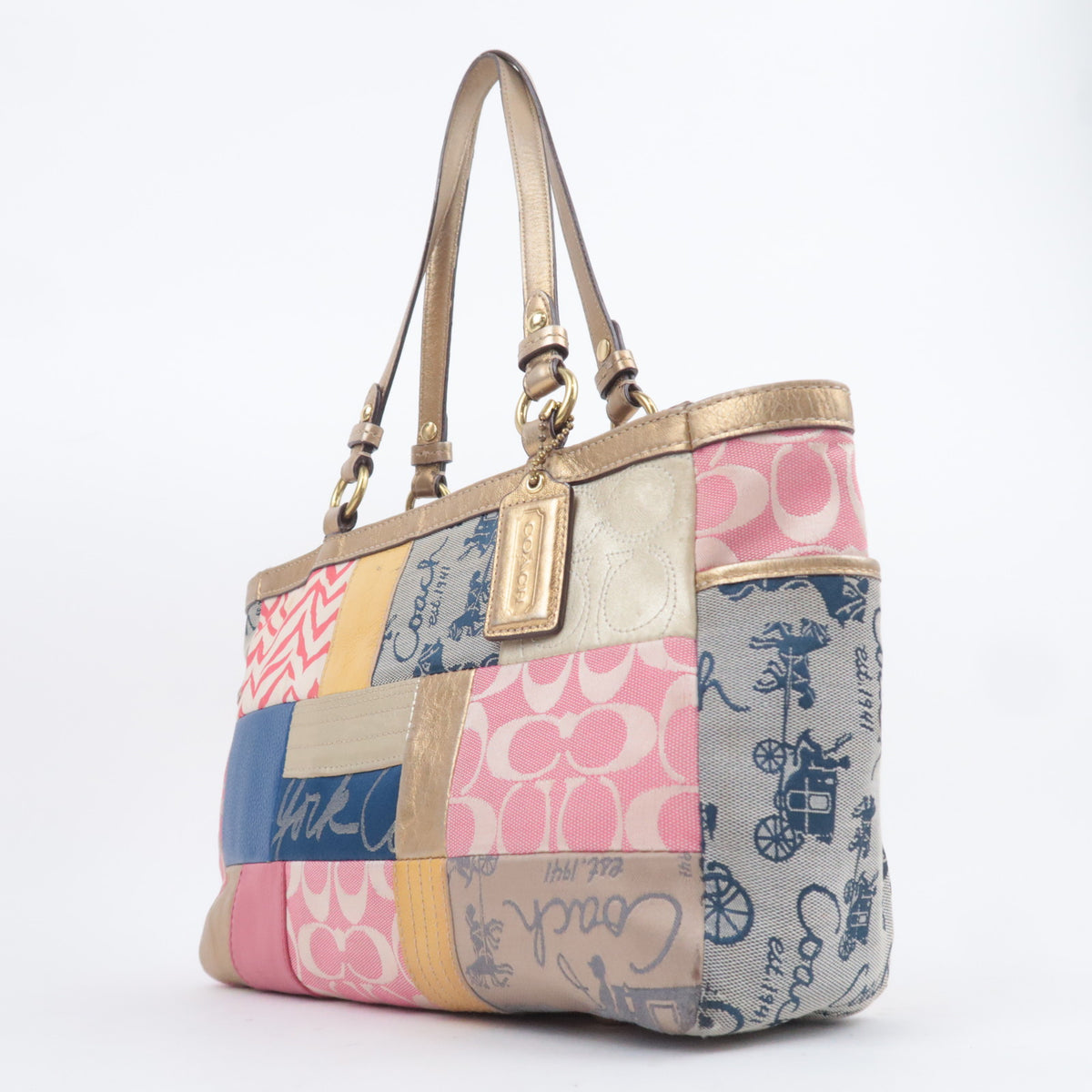 COACH Patchwork Canvas Tote Bag Gold Multicolor F17098