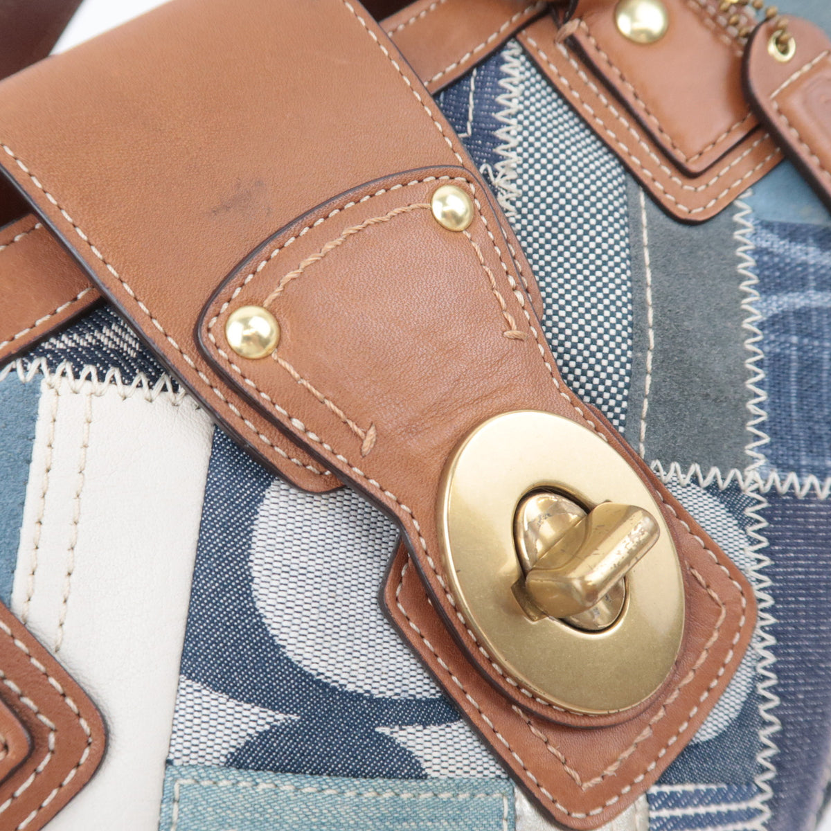 COACH Patchwork Denim Leather Tote Bag Navy Brown 12216