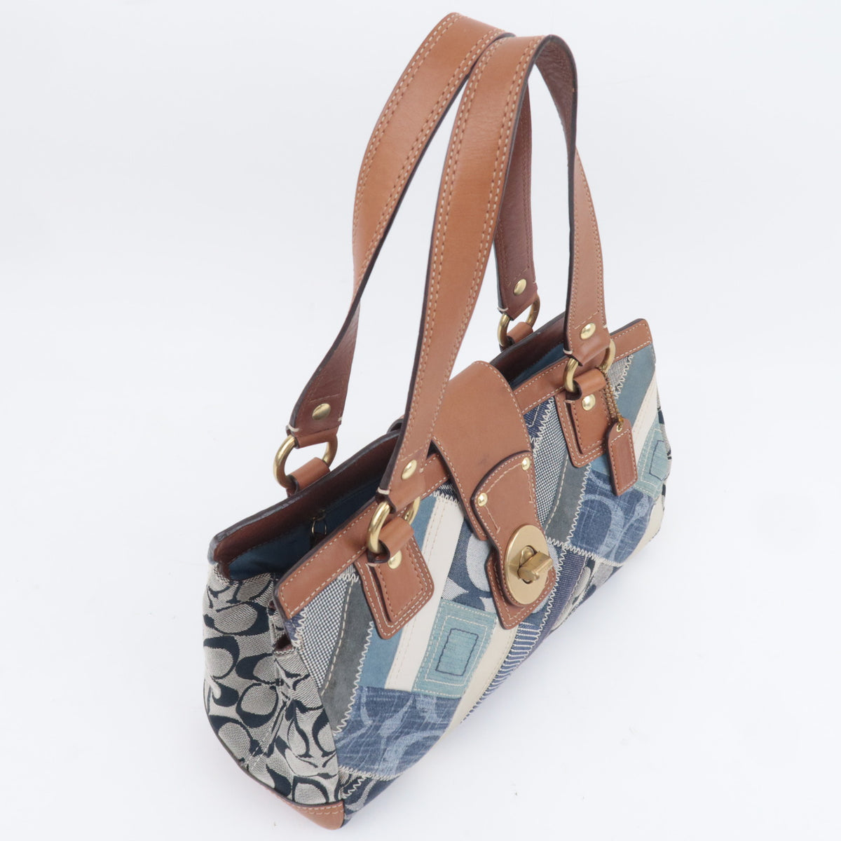 COACH Patchwork Denim Leather Tote Bag Navy Brown 12216