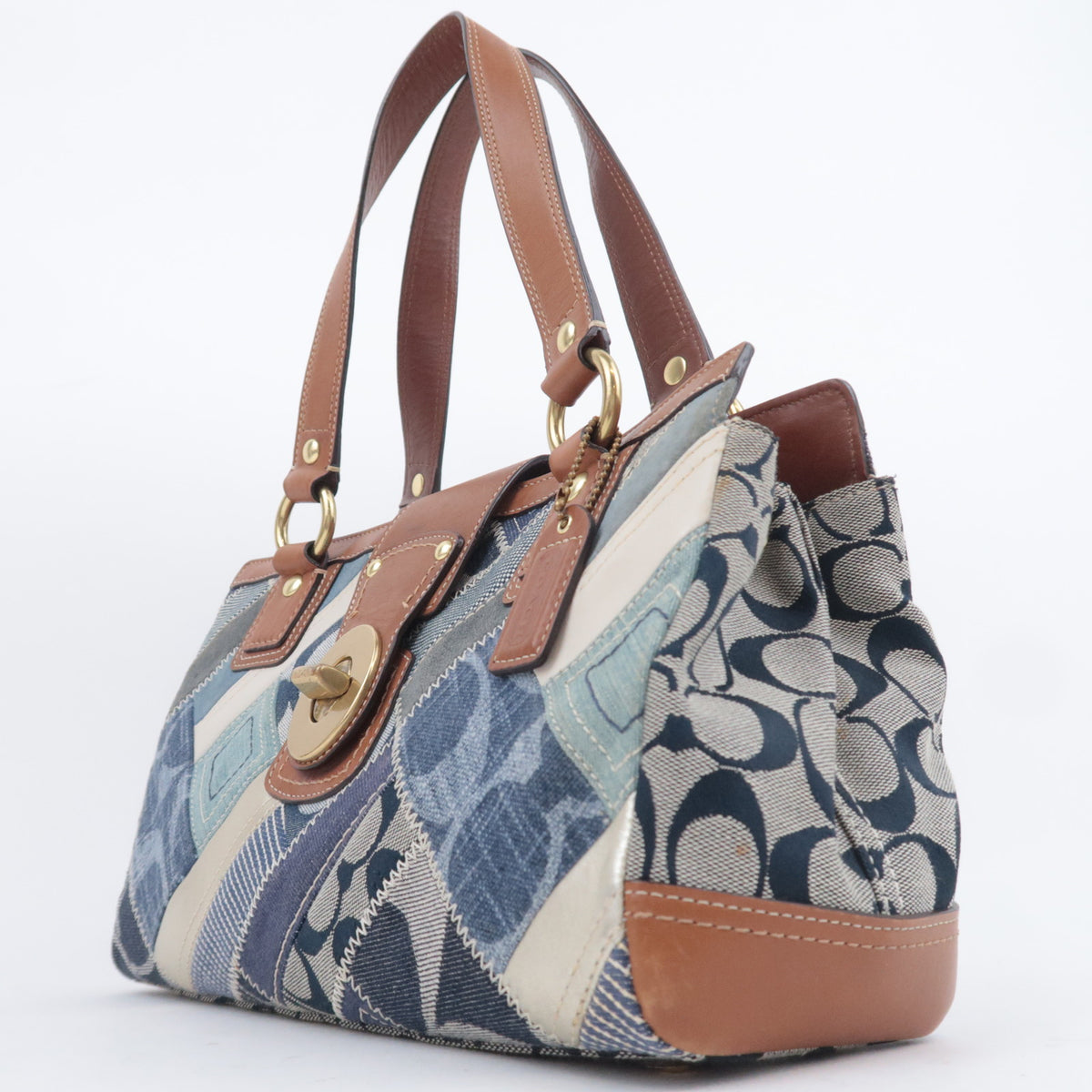COACH Patchwork Denim Leather Tote Bag Navy Brown 12216