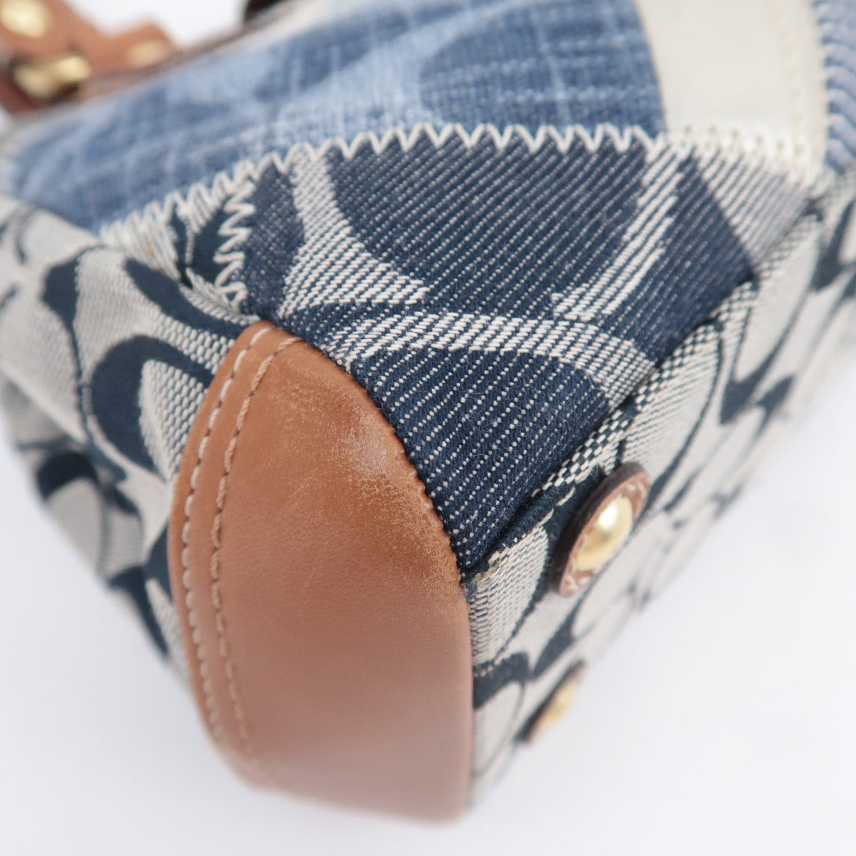 COACH Patchwork Denim Leather Tote Bag Navy Brown 12216