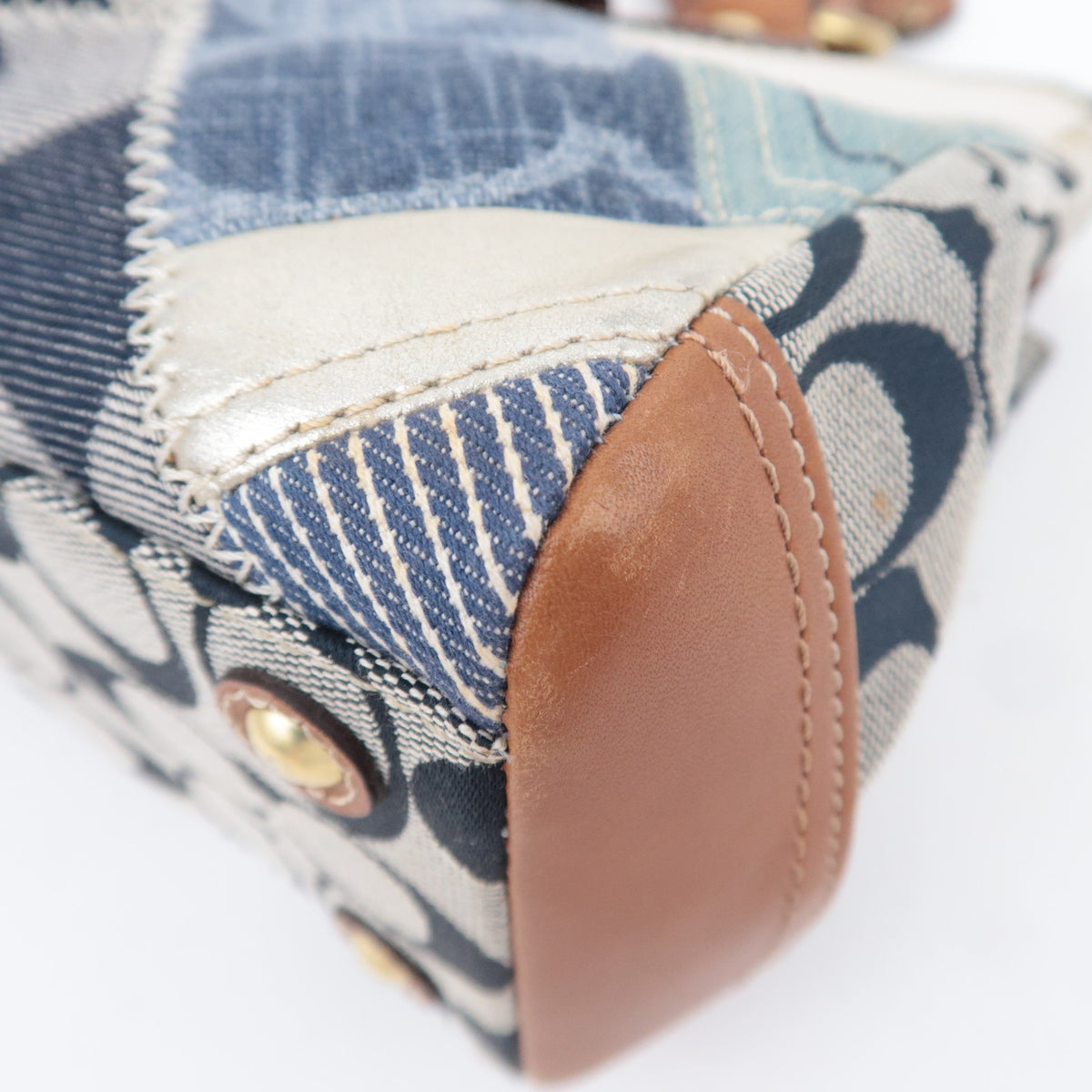 COACH Patchwork Denim Leather Tote Bag Navy Brown 12216