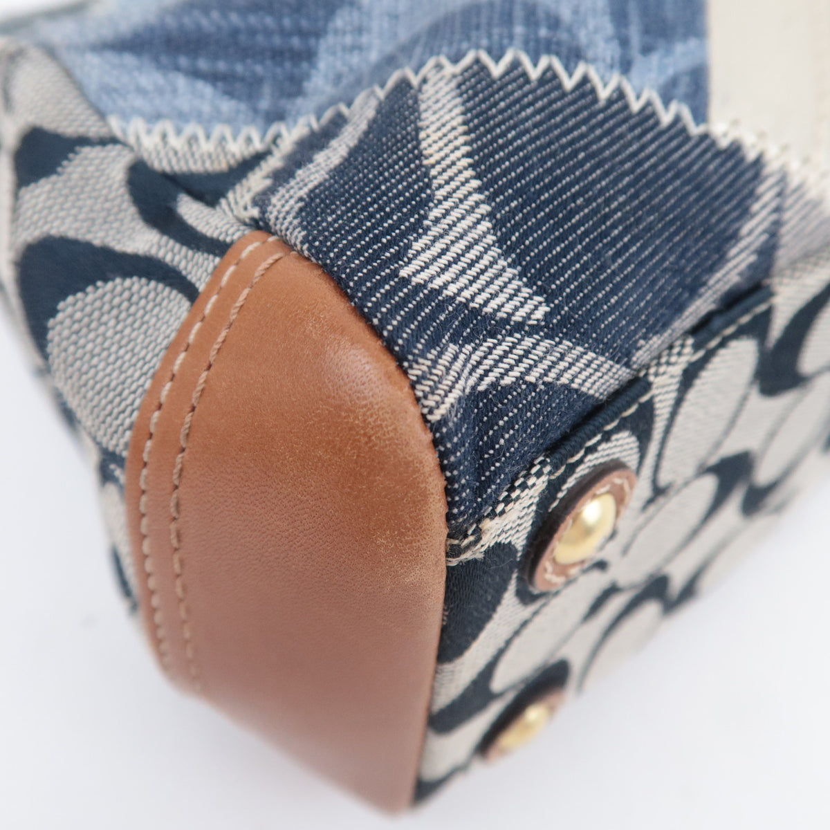 COACH Patchwork Denim Leather Tote Bag Navy Brown 12216