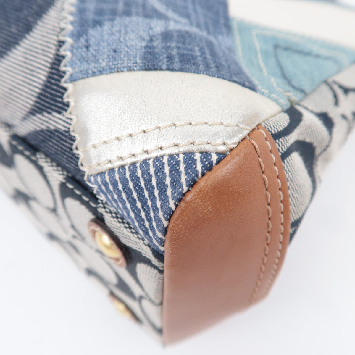 COACH Patchwork Denim Leather Tote Bag Navy Brown 12216