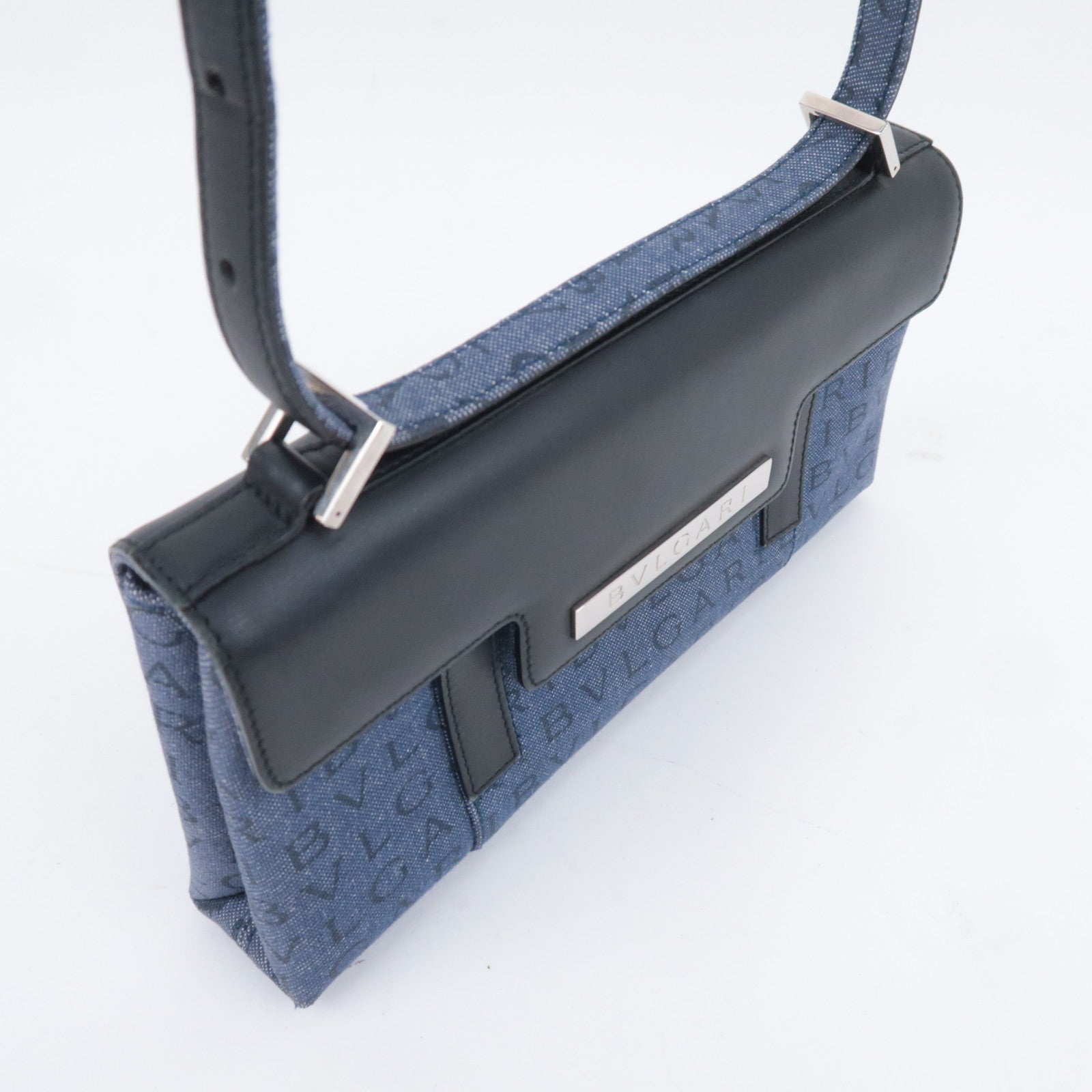 BVLGARI Logo Mania Denim Leather Shoulder Bag Blue