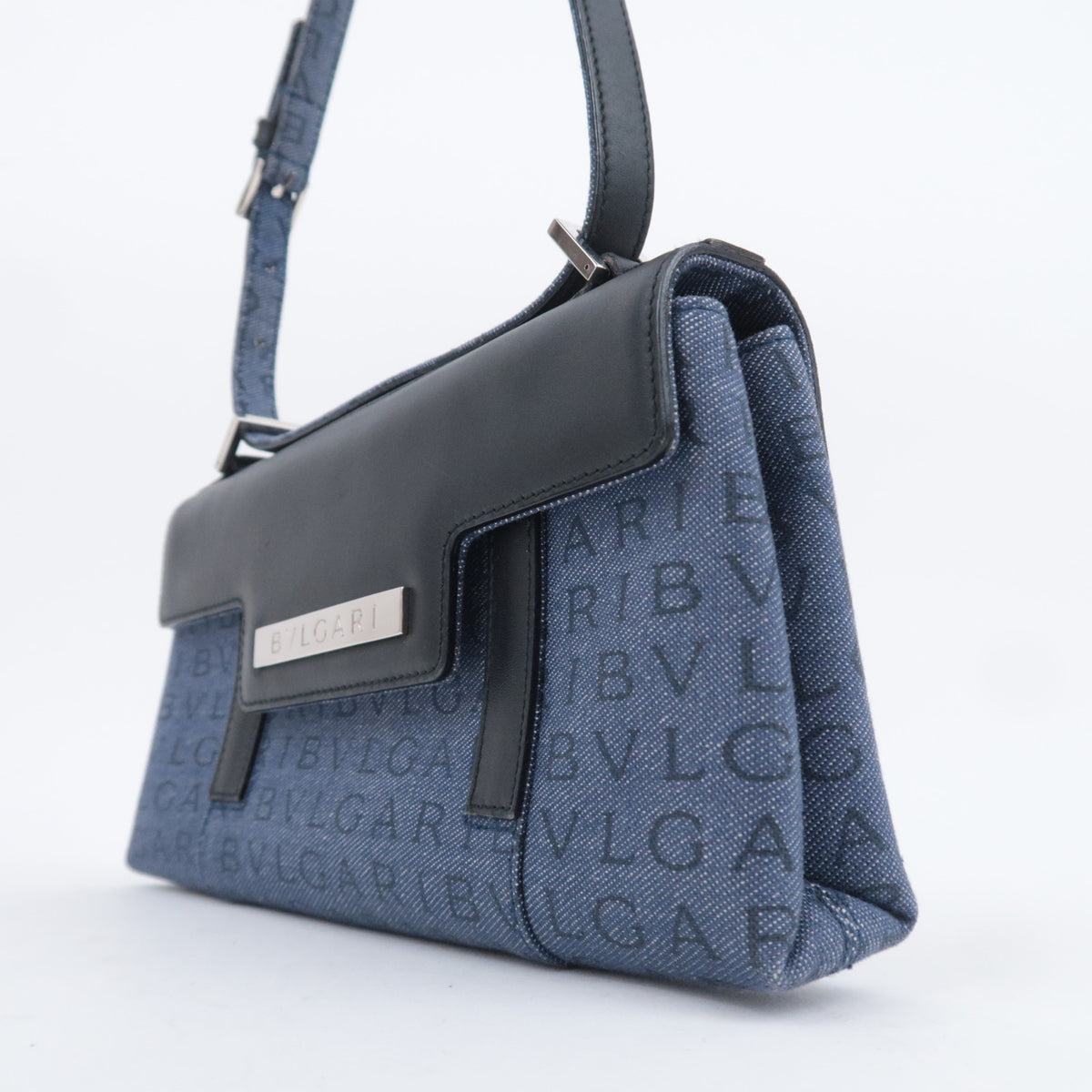 BVLGARI Logo Mania Denim Leather Shoulder Bag Blue