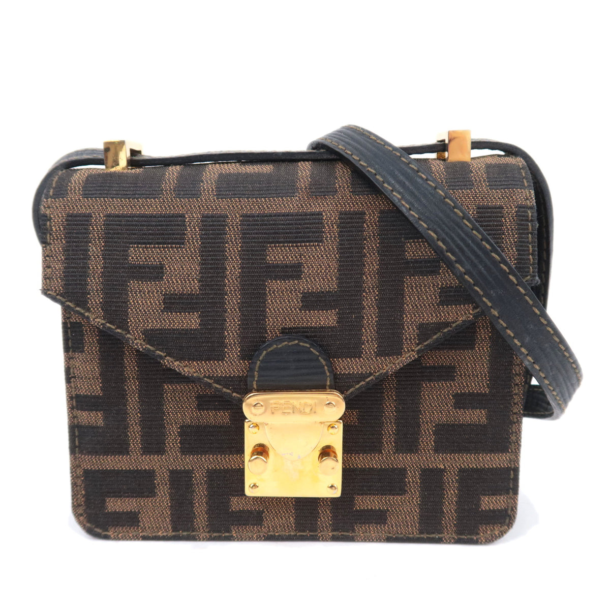 FENDI Zucca Canvas Leather Shoulder Bag Brown Black92248