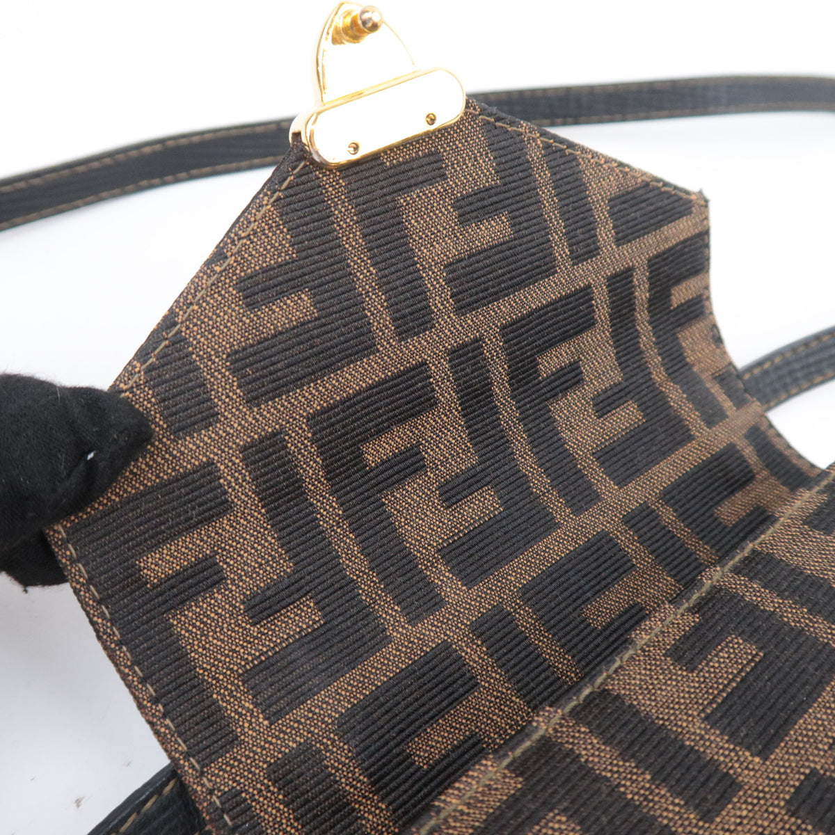 FENDI Zucca Canvas Leather Shoulder Bag Brown Black