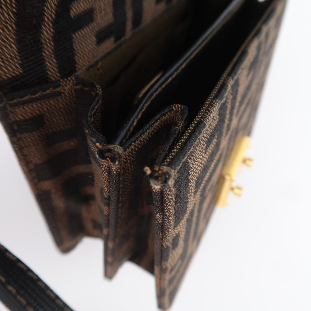 FENDI Zucca Canvas Leather Shoulder Bag Brown Black