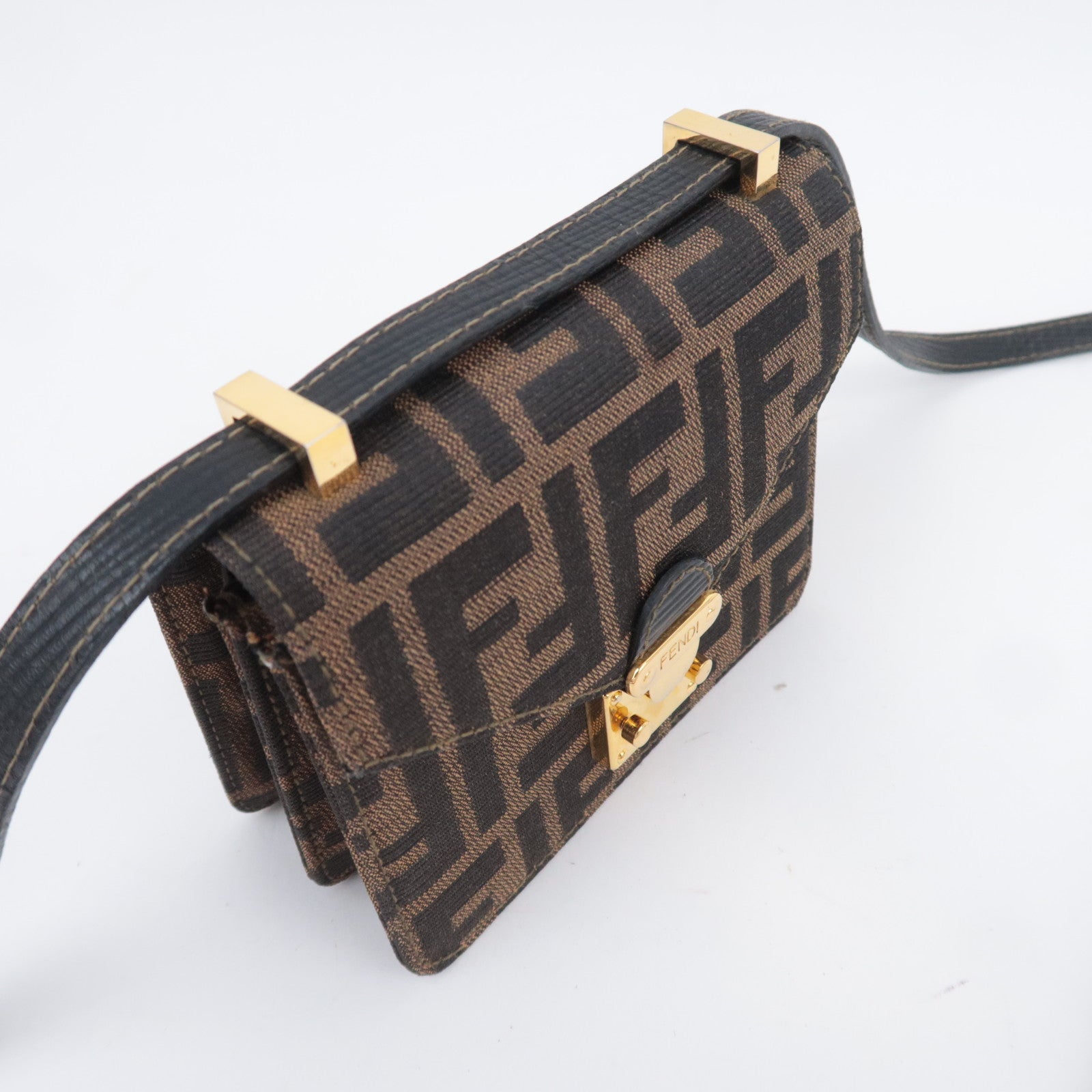 FENDI Zucca Canvas Leather Shoulder Bag Brown Black