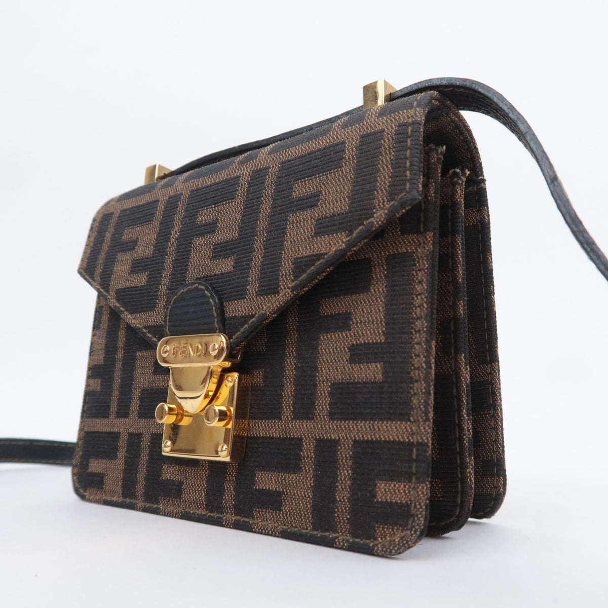FENDI Zucca Canvas Leather Shoulder Bag Brown Black