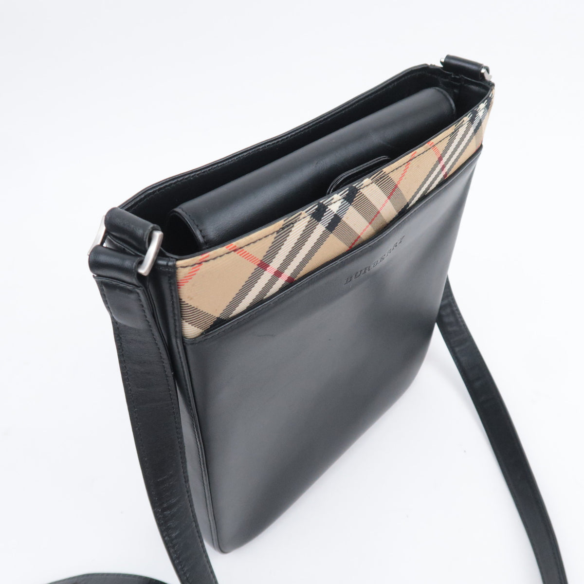 BURBERRY Nova Plaid Canvas Shoulder Bag Black Beige