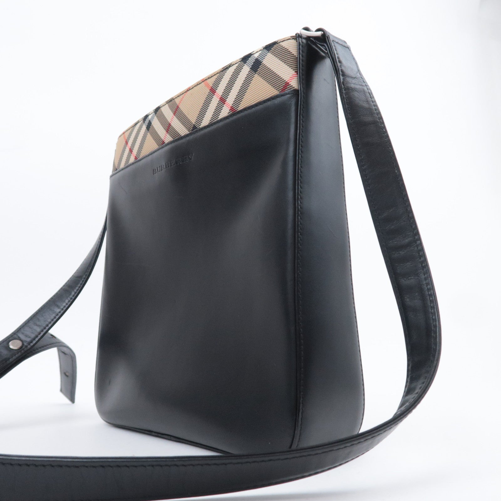 BURBERRY Nova Plaid Canvas Shoulder Bag Black Beige