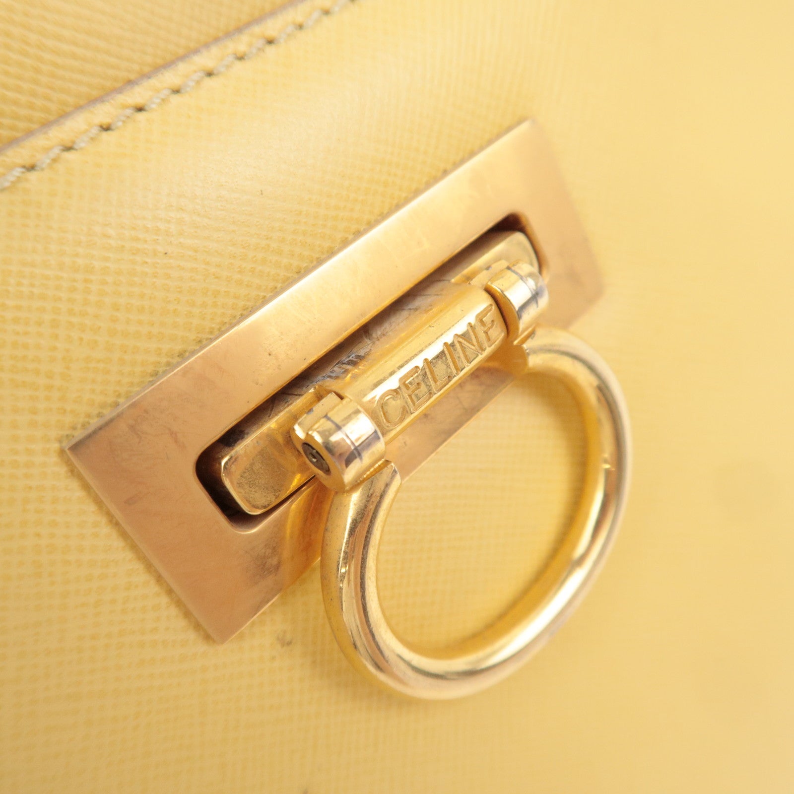CELINE Leather Ring Clasp Handbag Yellow Gold