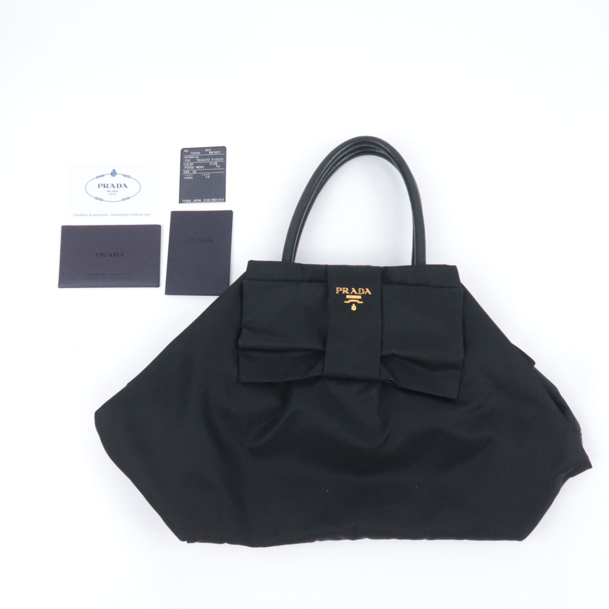 PRADA Front Bow Nylon Handbag Black N1601