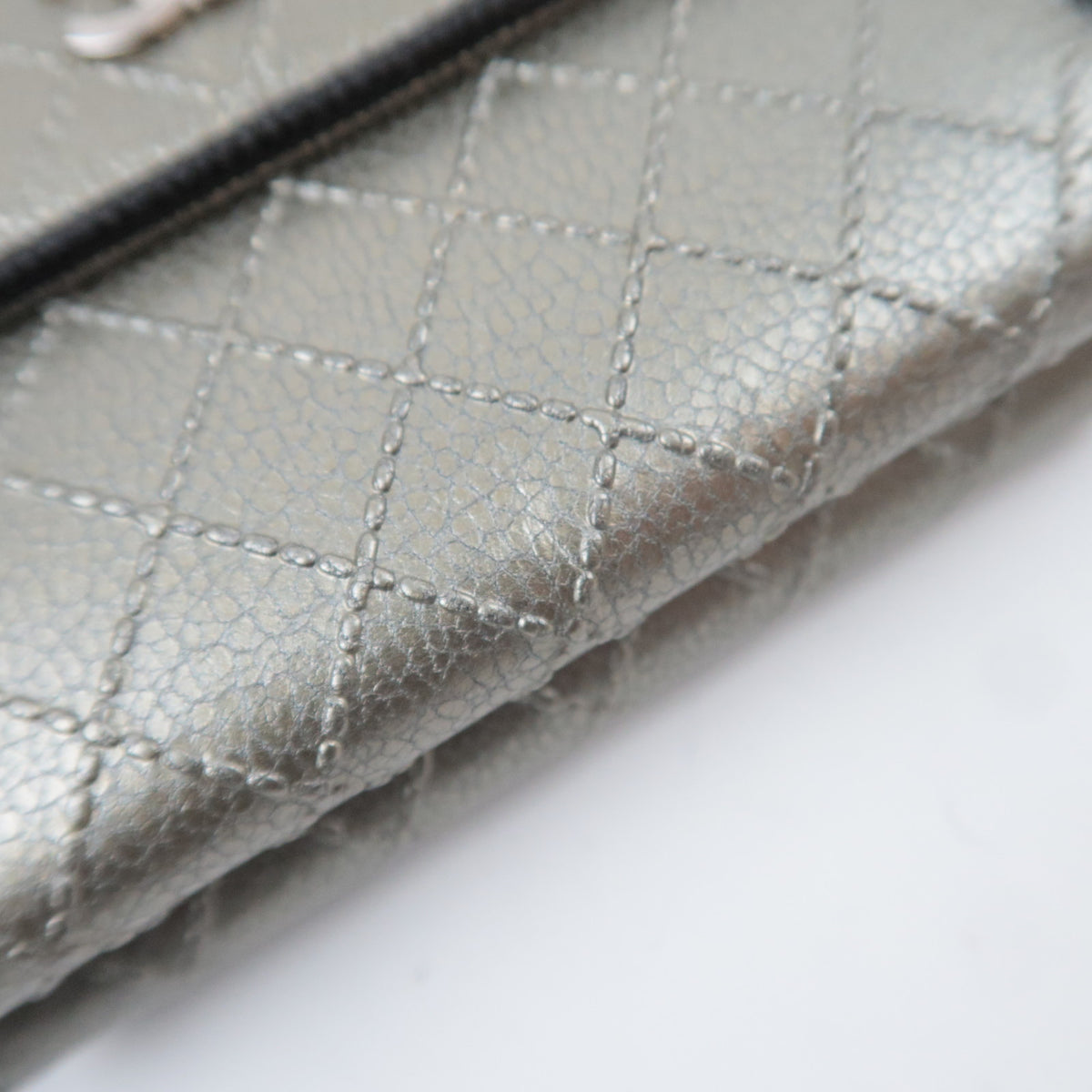 CHANEL Bicolore Leather Double Snap Wallet Silver