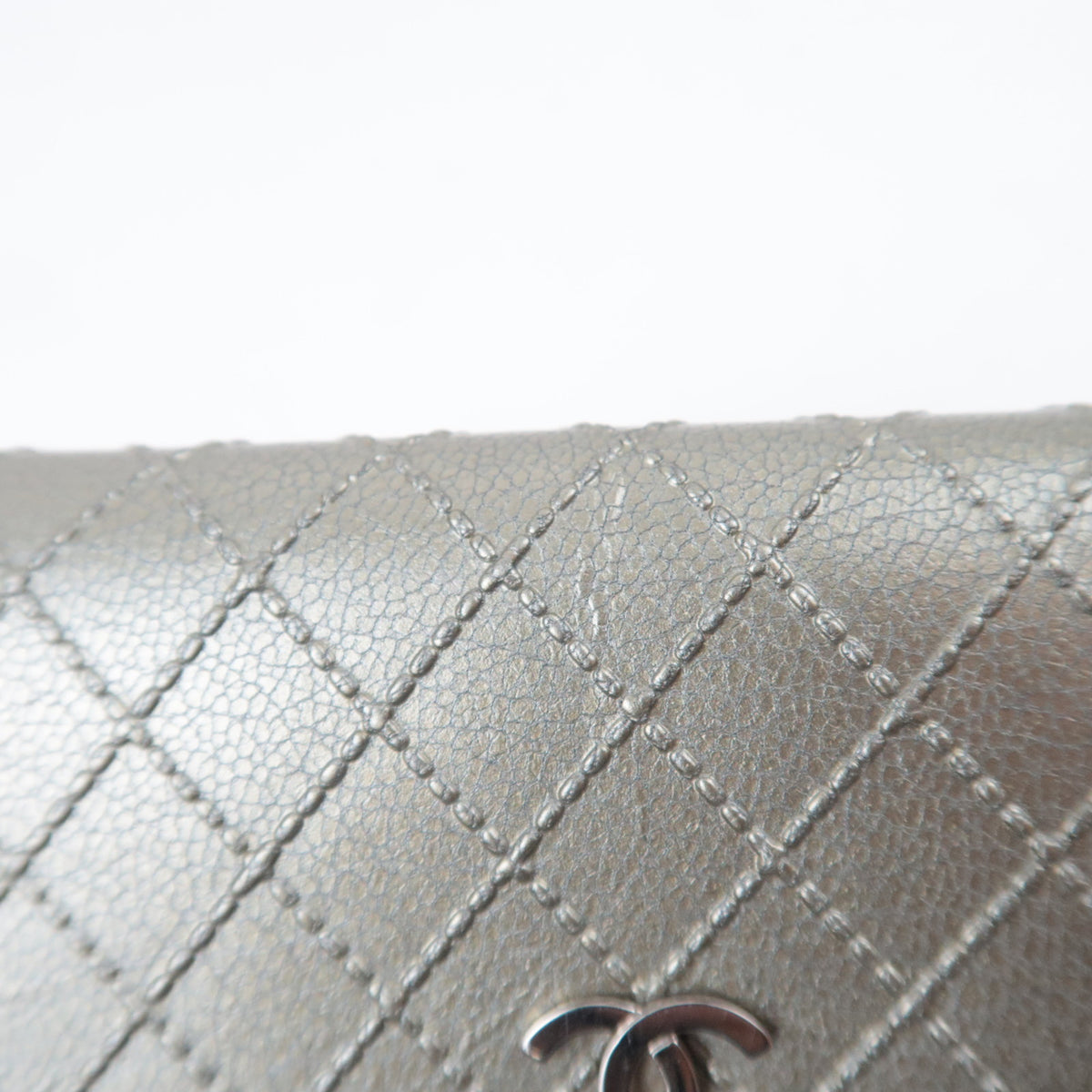 CHANEL Bicolore Leather Double Snap Wallet Silver