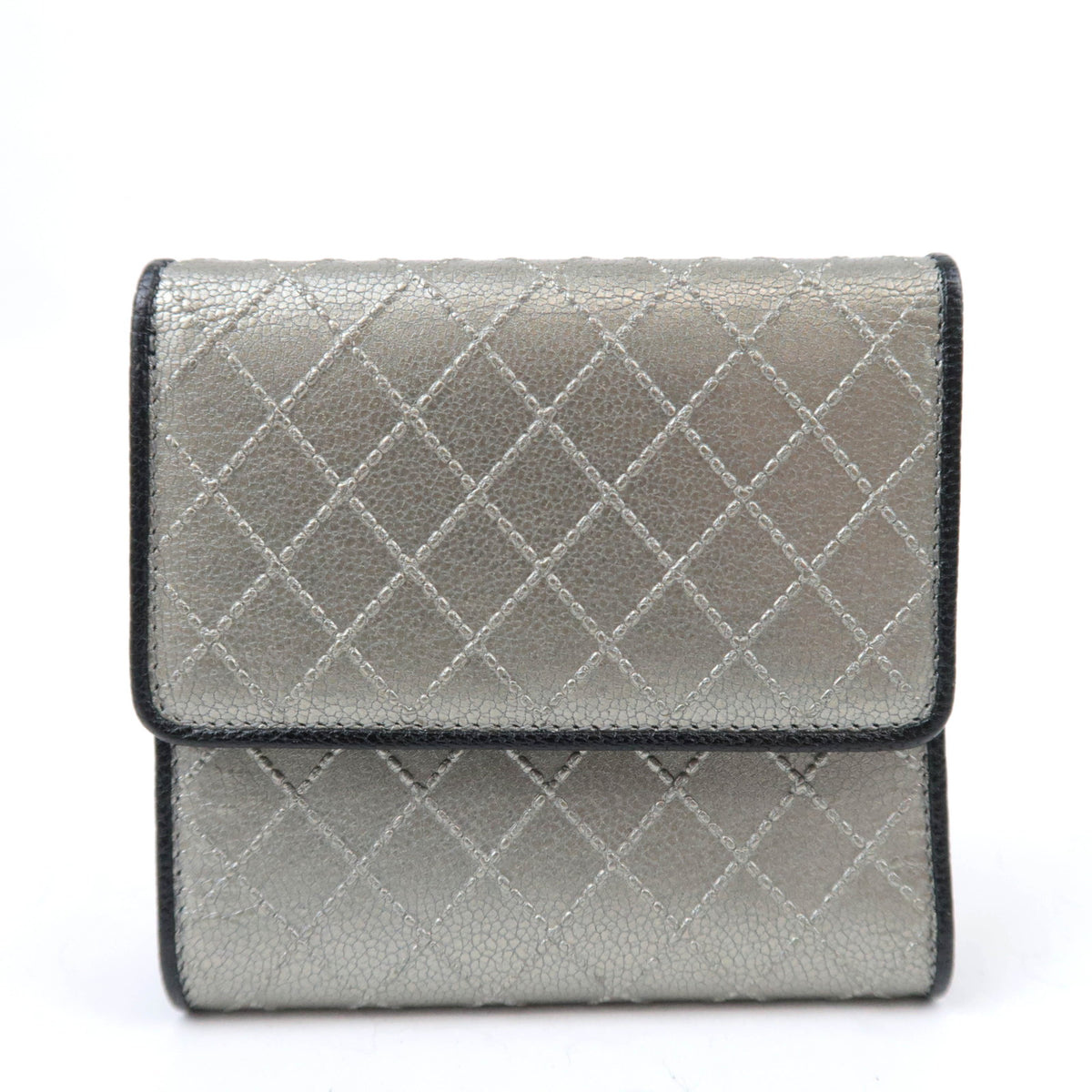 CHANEL Bicolore Leather Double Snap Wallet Silver
