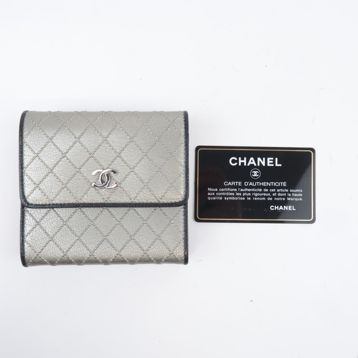 CHANEL Bicolore Leather Double Snap Wallet Silver