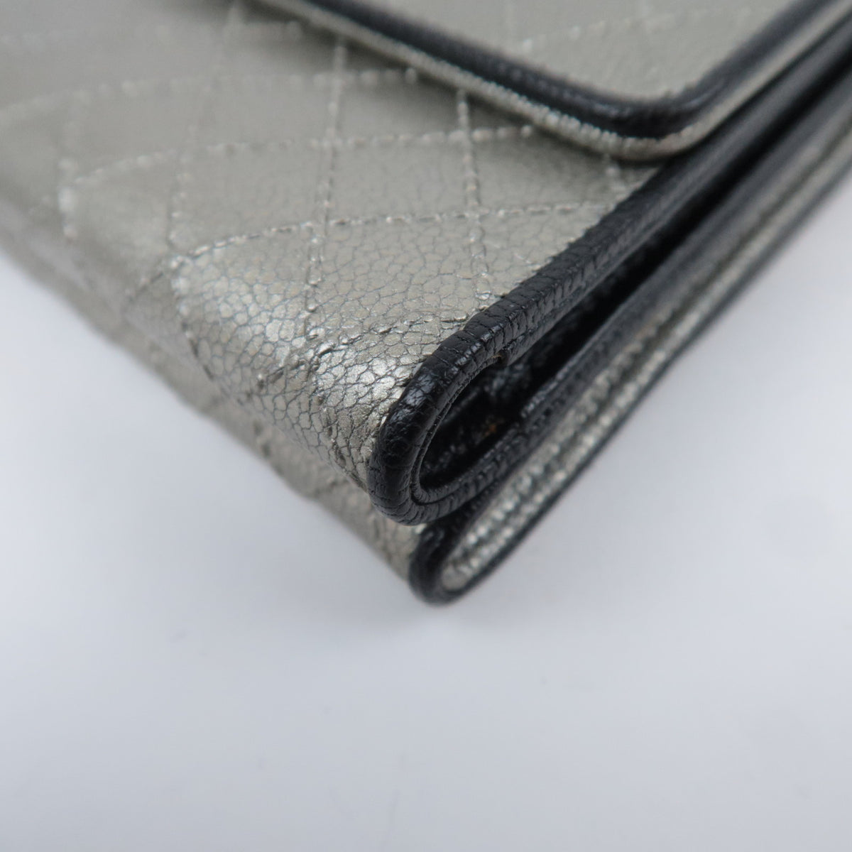 CHANEL Bicolore Leather Double Snap Wallet Silver