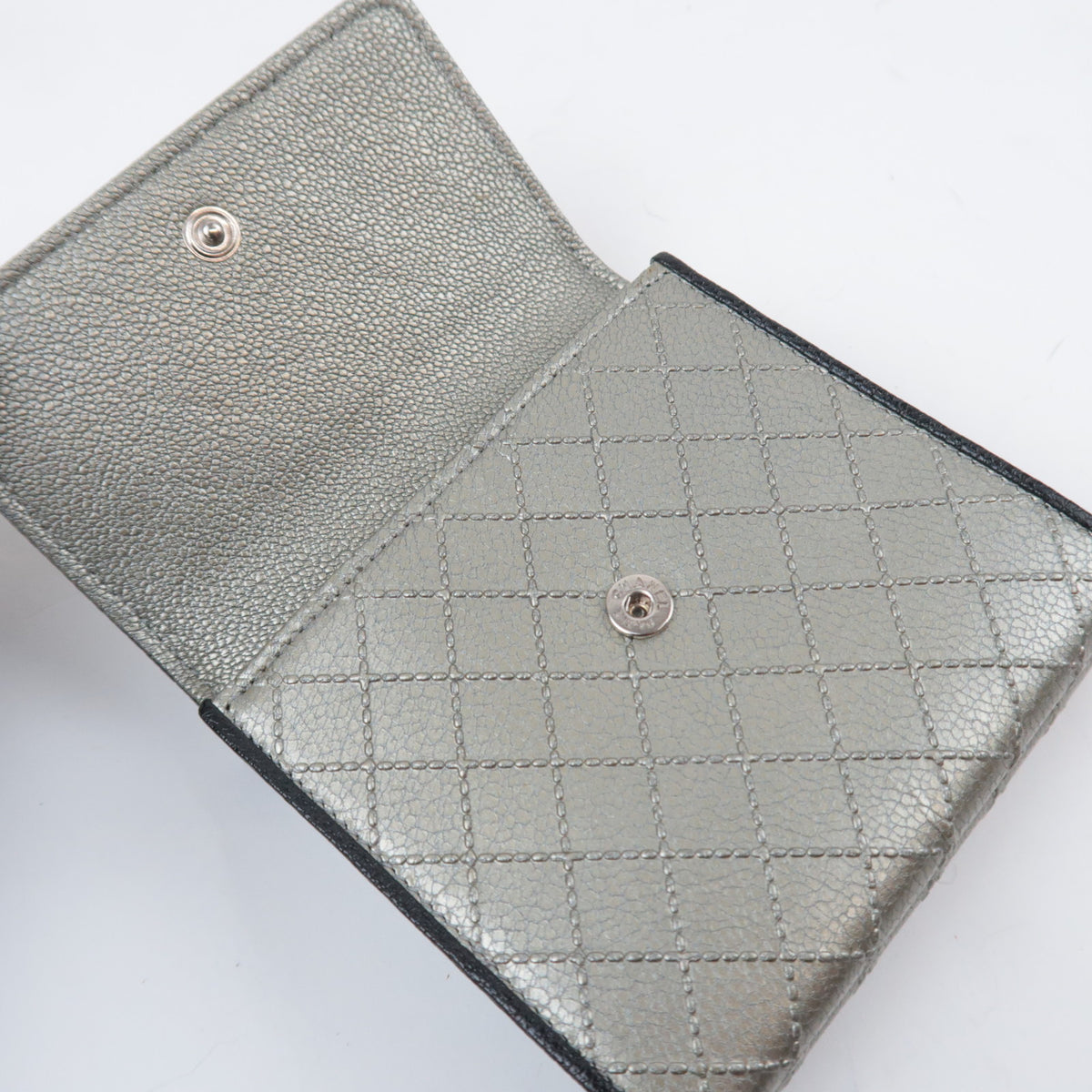 CHANEL Bicolore Leather Double Snap Wallet Silver