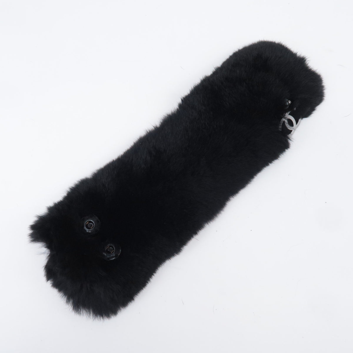 CHANEL Rabbit Lapin Fur Cuff Bracelet Bangle with CC Charm Black