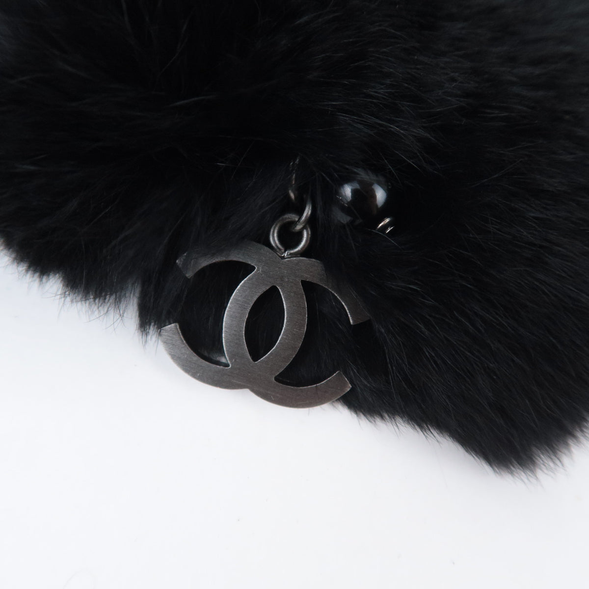 CHANEL Rabbit Lapin Fur Cuff Bracelet Bangle with CC Charm Black