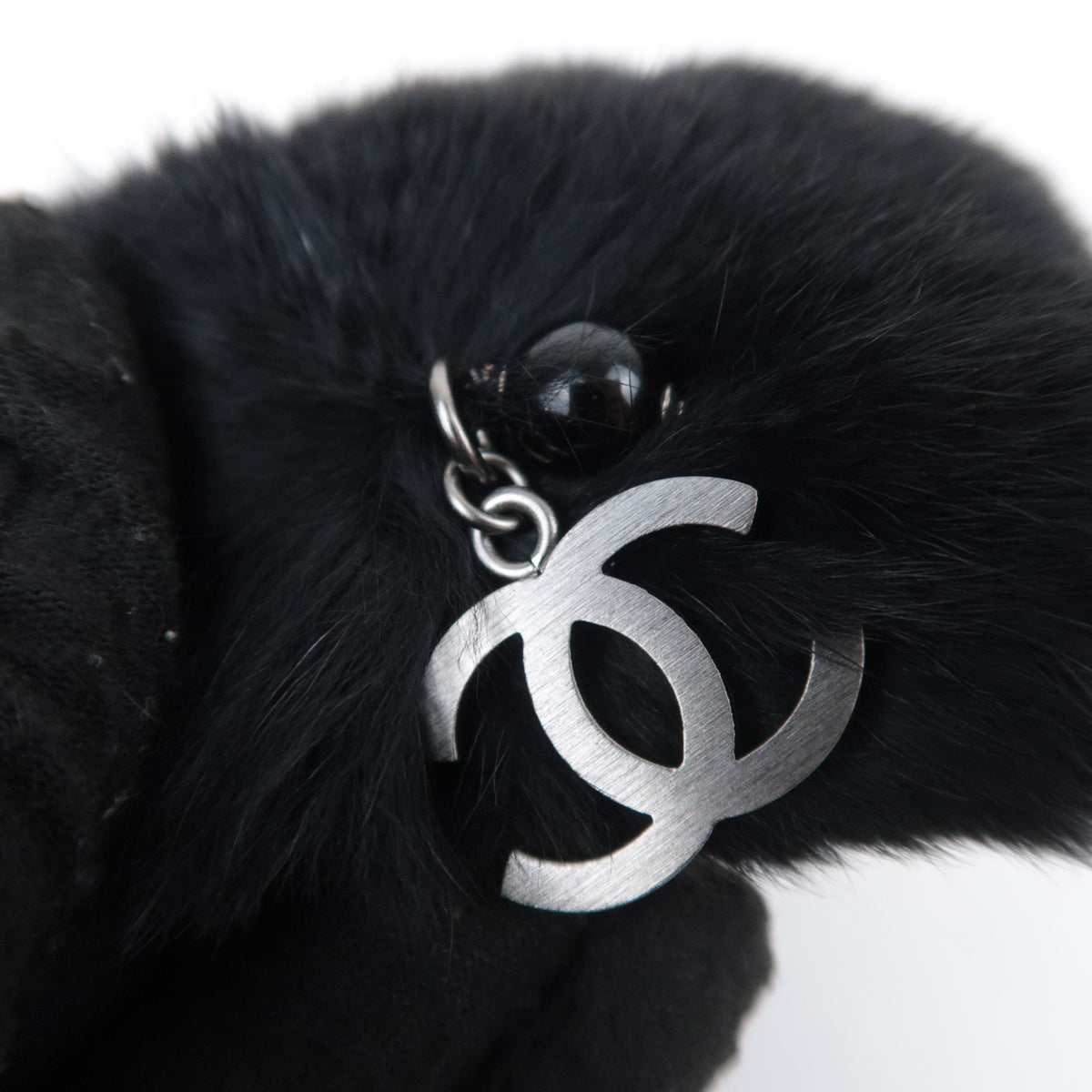 CHANEL Rabbit Lapin Fur Cuff Bracelet Bangle with CC Charm Black