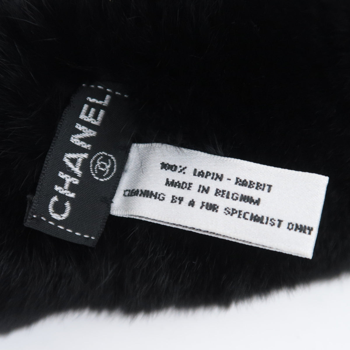 CHANEL Rabbit Lapin Fur Cuff Bracelet Bangle with CC Charm Black