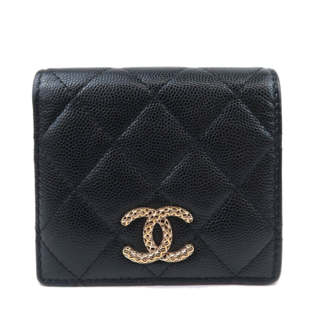 CHANEL Coco Mark Matelasse Bi-Fold Wallet Caviarskin Black Gold HDW92754