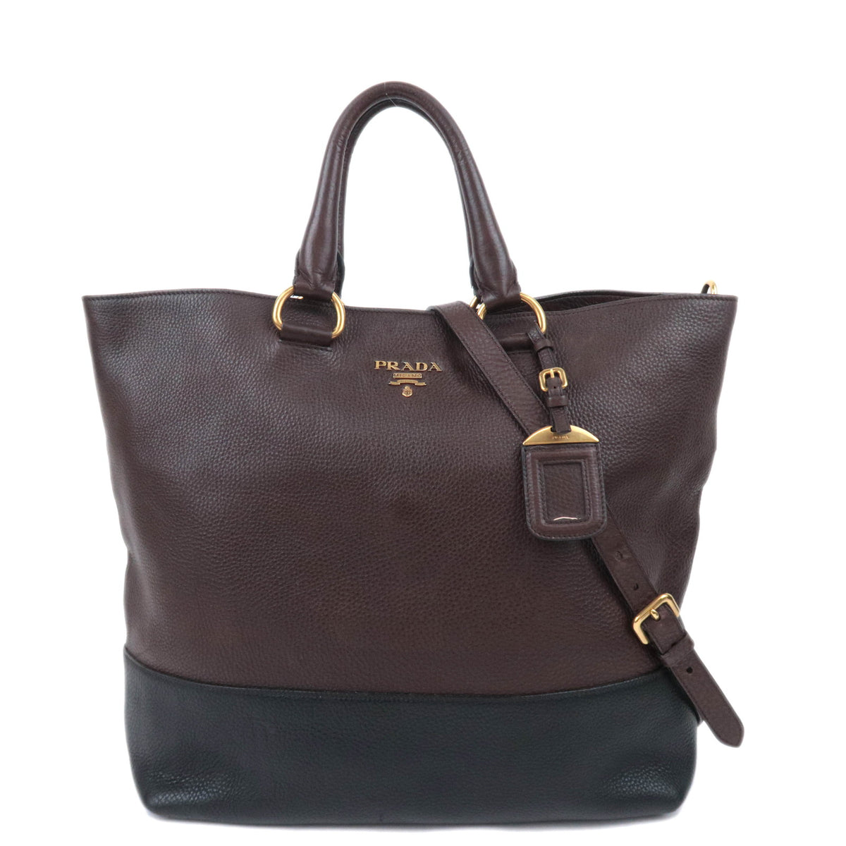 PRADA Two Tone 2Way Leather Handbag Brown Black *Strap, Name tag92772