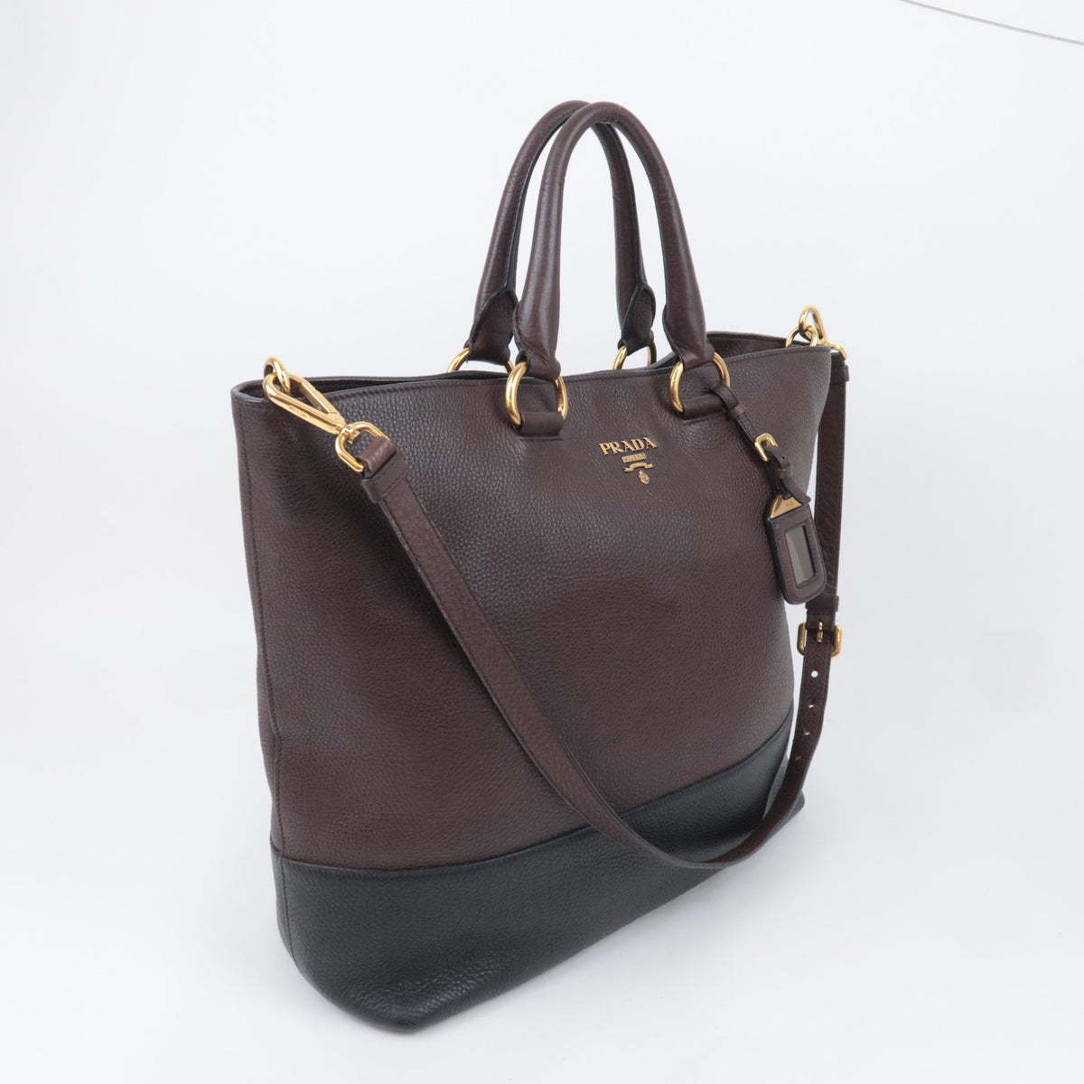 PRADA Two Tone 2Way Leather Handbag Brown Black *Strap, Name tag