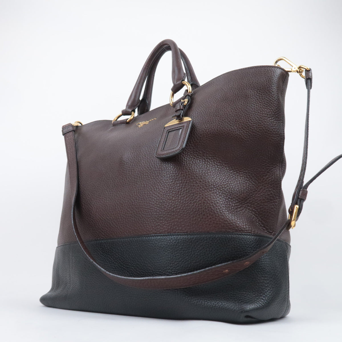 PRADA Two Tone 2Way Leather Handbag Brown Black *Strap, Name tag