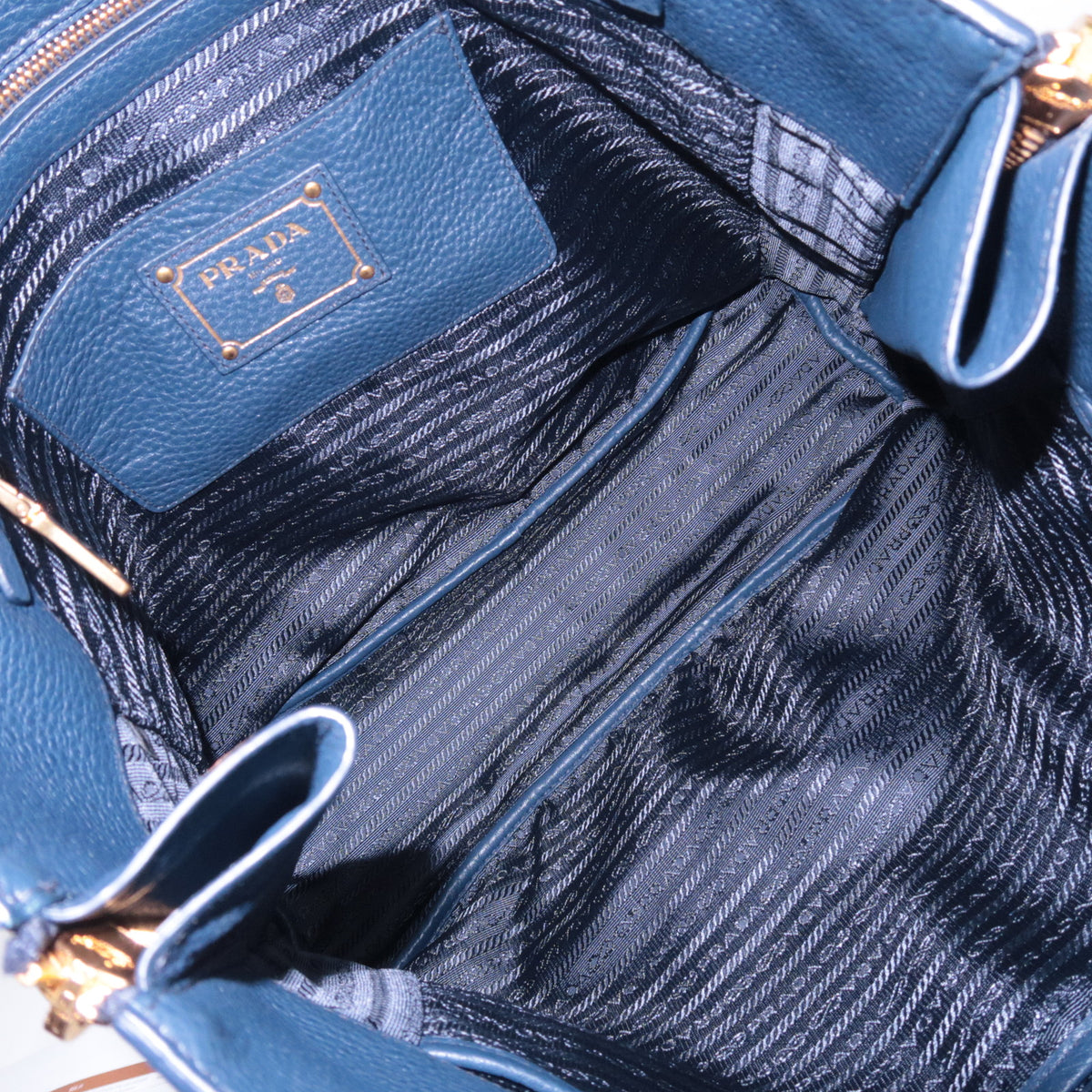 PRADA Leather Side Zip Tote Bag Navy BR4372