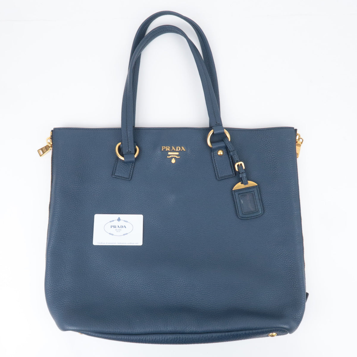 PRADA Leather Side Zip Tote Bag Navy BR4372