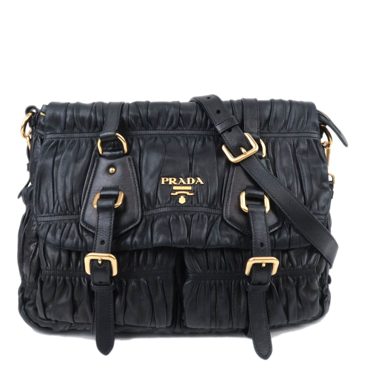 PRADA Gathered Leather Crossbody Flap Bag Black92774