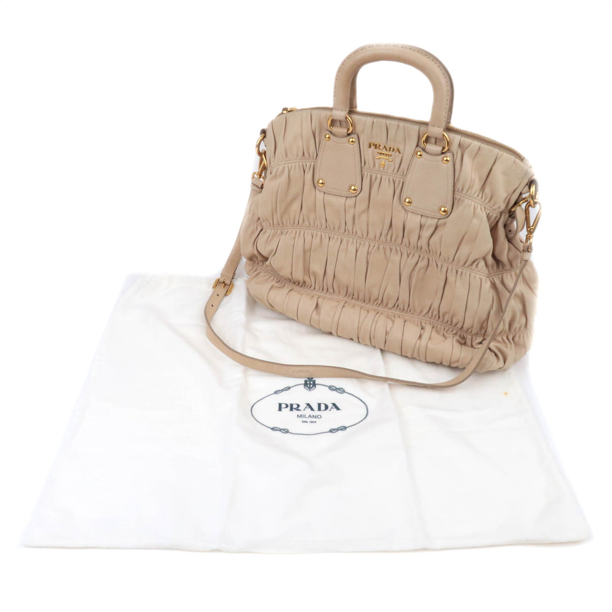 PRADA Gathered Leather 2Way Handbag Beige