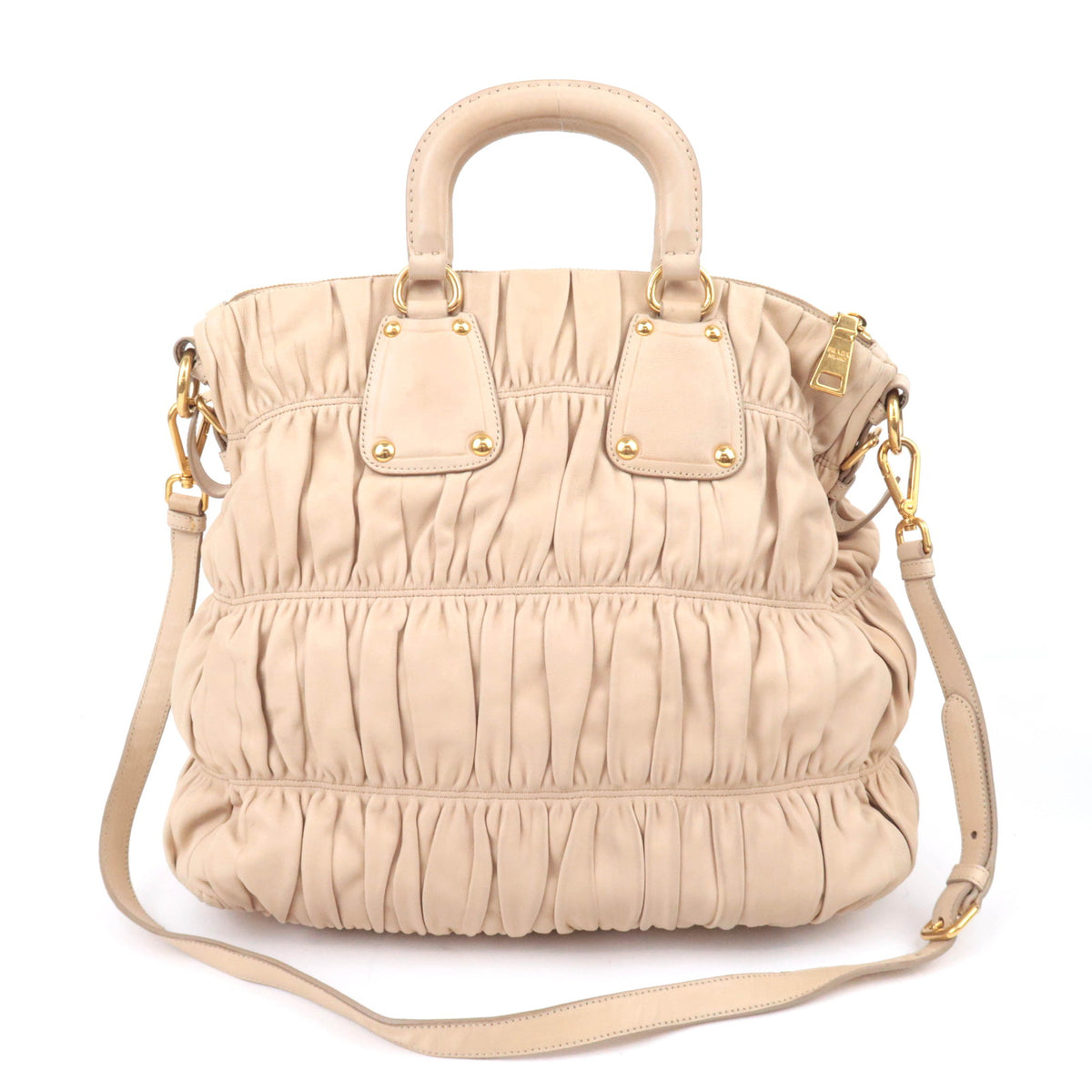 PRADA Gathered Leather 2Way Handbag Beige