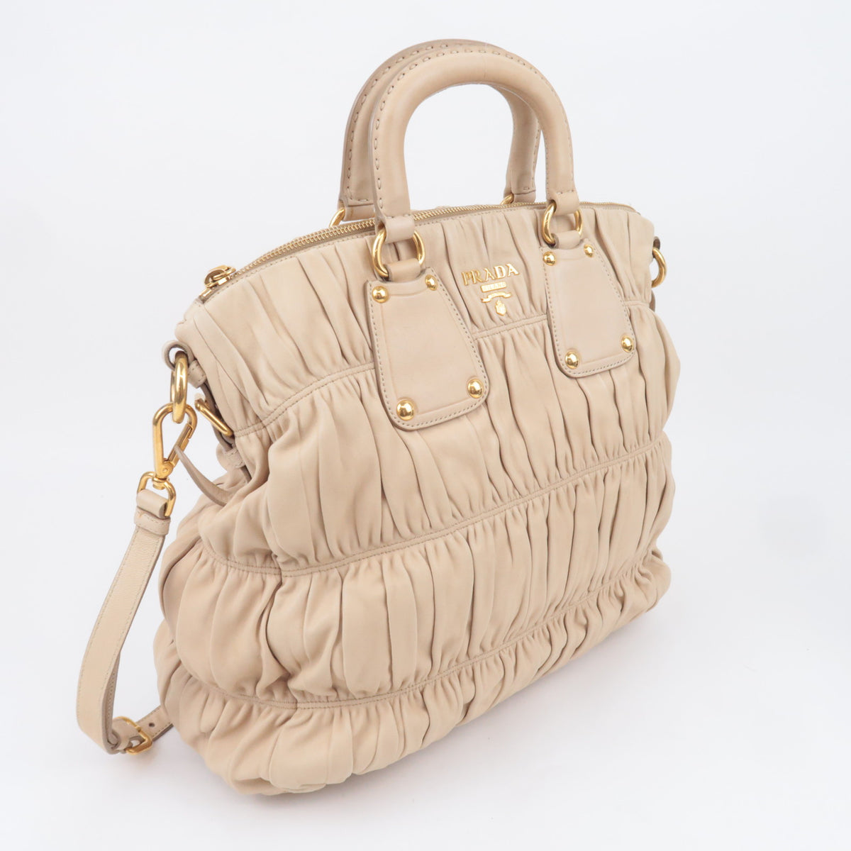 PRADA Gathered Leather 2Way Handbag Beige