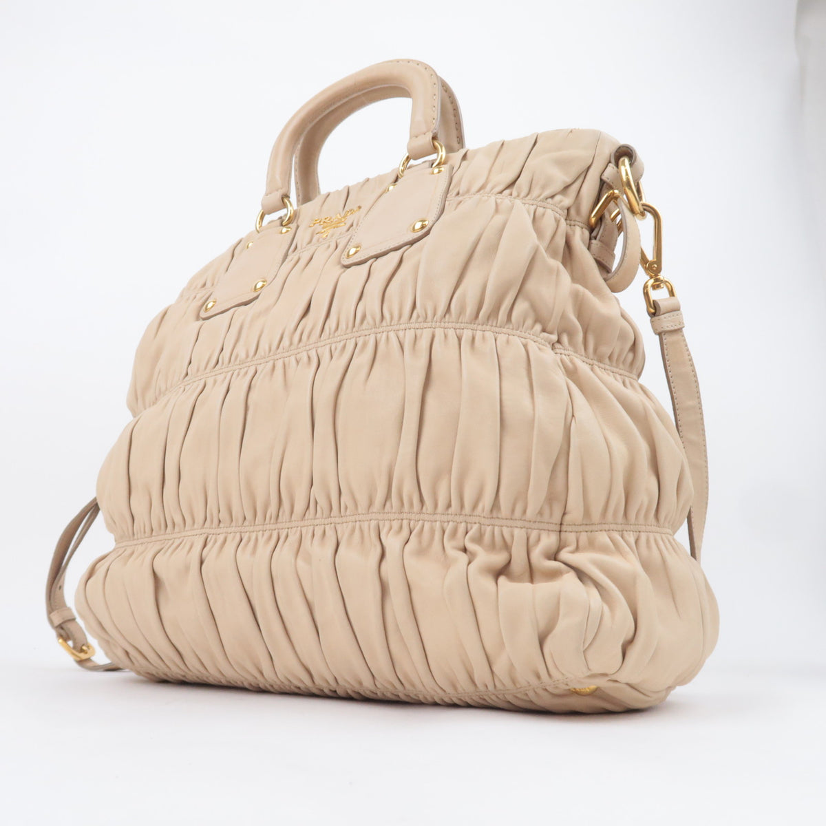 PRADA Gathered Leather 2Way Handbag Beige