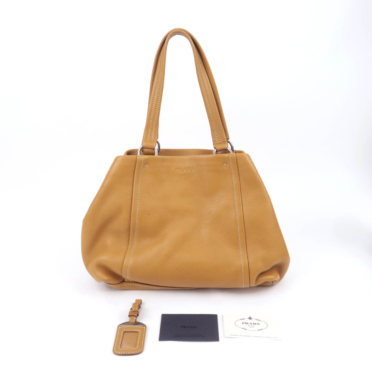 PRADA Leather Tote Bag Tan Brown BR2252