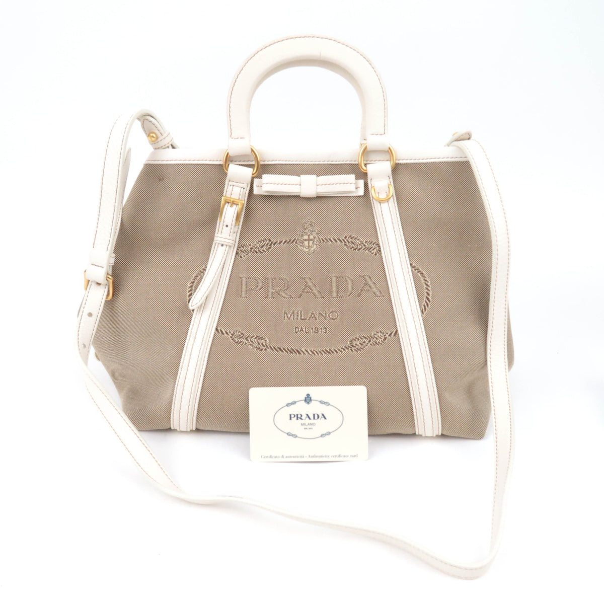 PRADA Logo Jacquard 2Way Handbag Beige BN1671